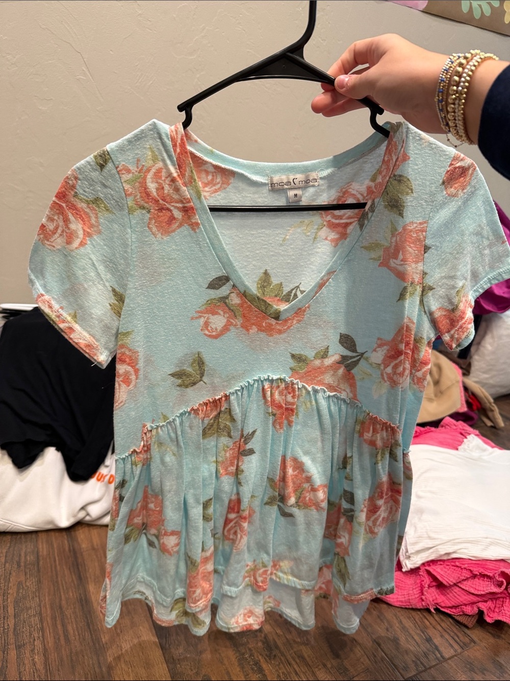 Light Blue Floral V-Neck Peplum Top